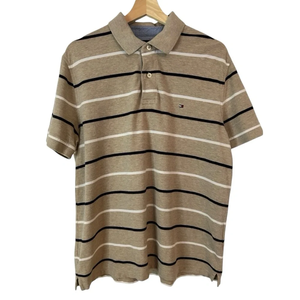 Tommy Hilfiger Men’s Polo Beige Blue and‎ White Stripes Size Large